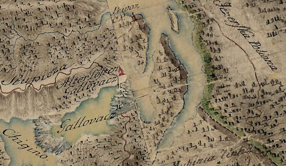Slika 5. Čardak iznad jezera Galovac  označen na karti prve vojne izmjere Habsburške monarhije od 1764. – 1784. (izvor: mapire.eu)